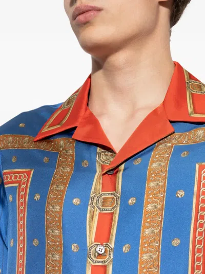 Versace Regular Printed Silk Twill Shirt In Blue