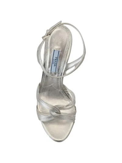 Prada Leather Sandals Ankle Strap Stiletto Heels In Silver