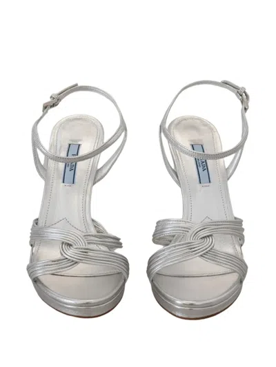 Prada Leather Sandals Ankle Strap Stiletto Heels In Silver