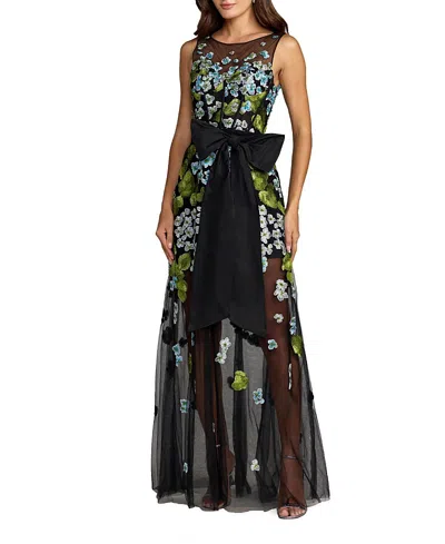Mac Duggal Sleeveless Mesh Applique Gown With Bow Belt In Black