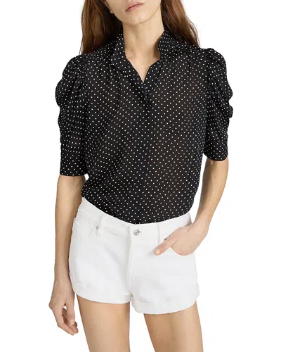 Frame The Gillian Ruched Polka-dot Silk-crepe Blouse In Blue