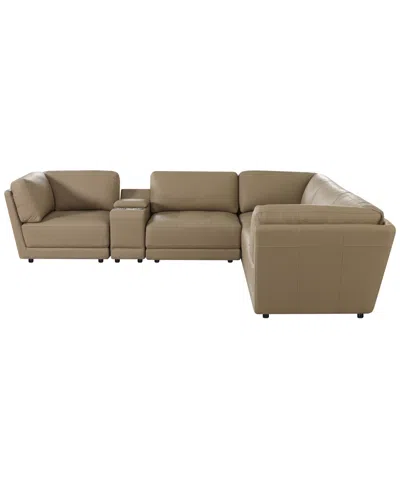 Macy's Versa 6-pc. L-shape Leather Sectional With Console In Brown