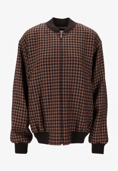 Saint Laurent Cassandre Bomber Jacket In Wool Check In Brown
