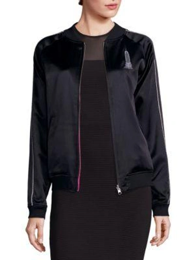 Shop Opening Ceremony Embroidered Silk Cropped Jacket In Black-fuchsia