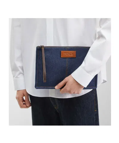 Fendi Ff Medium Flat Pouch In Blue