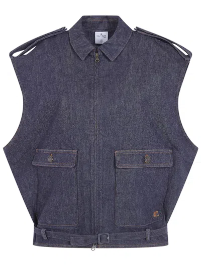Courrèges Blue Solid Shirt Collar Jacket In Black