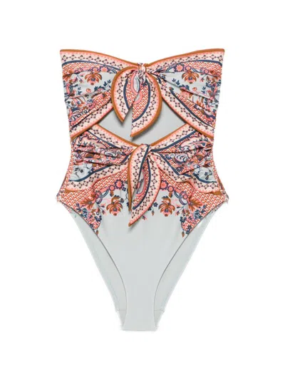 Zimmermann Aster Scarf Tie One-piece Swimsuit Blue Paisley Floral