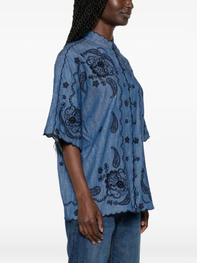 Zimmermann Aster Denim Shirt With All-over Contrasting Embroidery In Blue