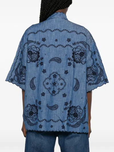 Zimmermann Aster Denim Shirt With All-over Contrasting Embroidery In Blue