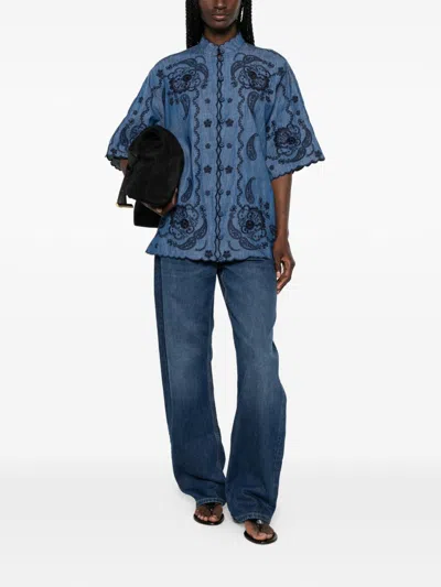 Zimmermann Aster Denim Shirt With All-over Contrasting Embroidery In Blue