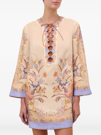 Zimmermann Womens Biscuit Scarf Floral Indra Floral-print Linen Tunic Mini Dress Xs
