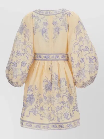 Zimmermann Womens Indra Plunge Linen Mini Dress Cream Lilac Floral In Yellow