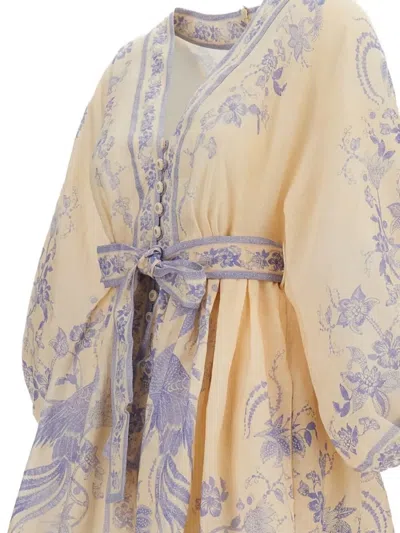 Zimmermann Womens Indra Plunge Linen Mini Dress Cream Lilac Floral In Yellow