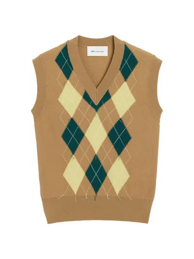 Ami Alexandre Mattiussi Brown Wool And Cotton Argyle Intarsia Sleeveless Sweater Beige