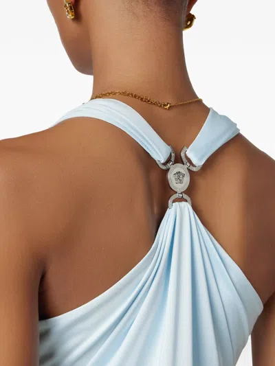 Versace Light Blue Midi Dress With V-neck And Medusa Plaque On The Back In Viscose For Women In Blue