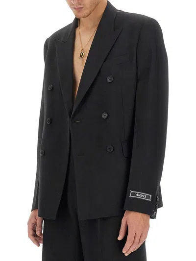 Versace Virgin Wool Double-breasted Blazer In Black