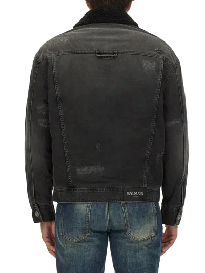 Balmain Distressed Shearling Collar Jacket In Black
