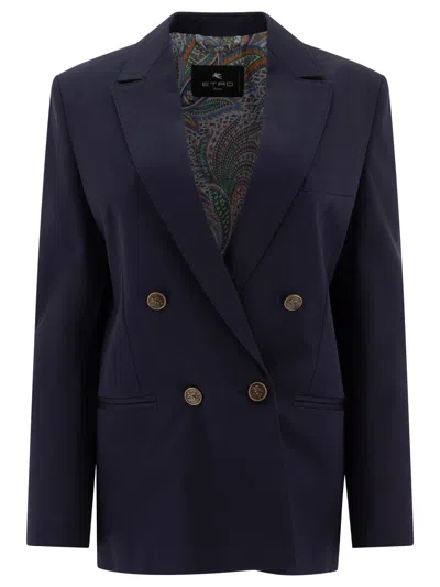 Etro Double-breasted Cotton-elastane Jacket With Paisley Lining In Blue
