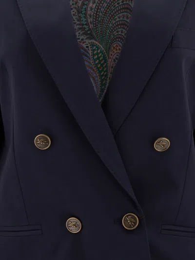 Etro Double-breasted Cotton-elastane Jacket With Paisley Lining In Blue