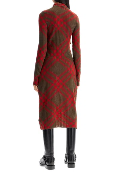 Burberry Long Sleeve Checkered Wool Blend Shift Dress In Brown