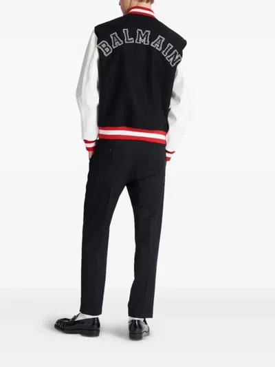 Balmain Wool And Eco-leather Varsity Jacket With Patch In Black