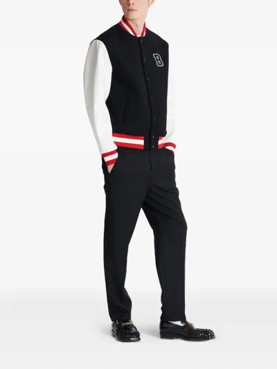 Balmain Wool And Eco-leather Varsity Jacket With Patch In Black