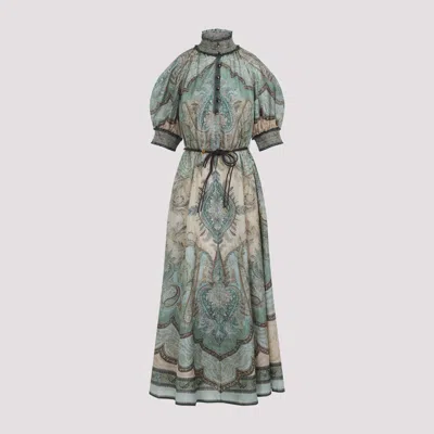 Zimmermann Womens Tapestry Teal Multi Wanderlust Billow Puffed-short-sleeves Silk Midi Dress In Gray