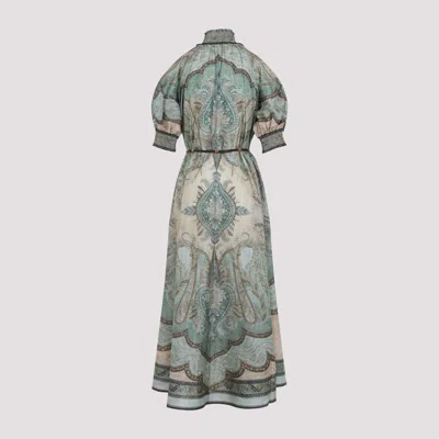 Zimmermann Womens Tapestry Teal Multi Wanderlust Billow Puffed-short-sleeves Silk Midi Dress In Gray