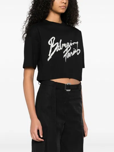 Balmain Black Round Neck Logo Detail Crop T-shirt In Black