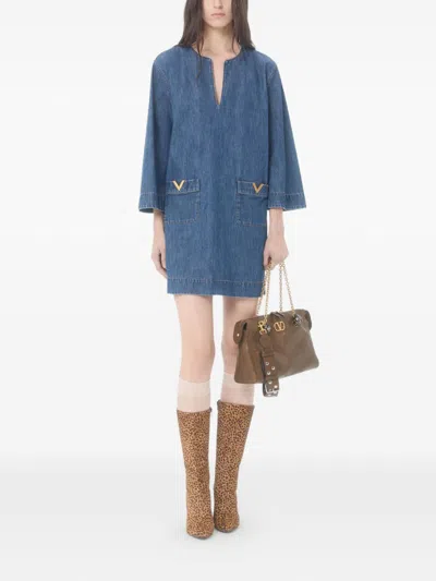 Valentino Vlogo Signature Mini Dress With V-neck And Pockets In Blue