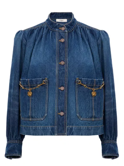 Chloé Blue Jacket With High Neck And Chain Detail On The Front In Denim Woman In Blue