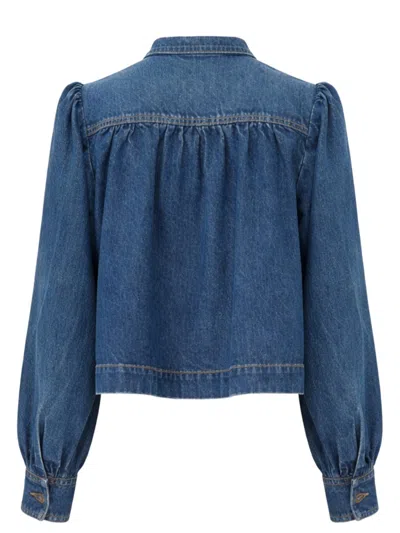 Chloé Blue Jacket With High Neck And Chain Detail On The Front In Denim Woman In Blue