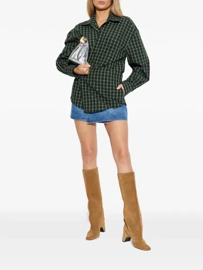 Alexander Wang Long Sleeve Check & Denim Wrap Dress In Green