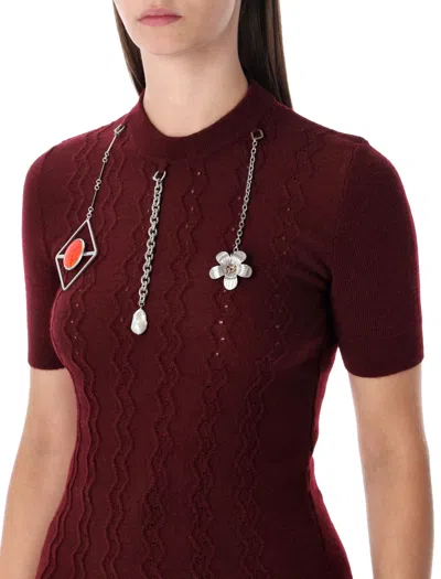 Prada Short-sleeved Wool Sweater With Pendants In Burgundy