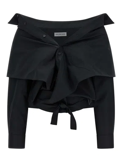 Balenciaga Off Shoulder Crop Shirt Long Sleeves In Black
