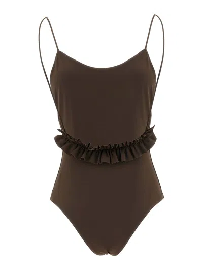 Jacquemus Cabana One Piece Swimsuit High Leg Ruffle In Brown