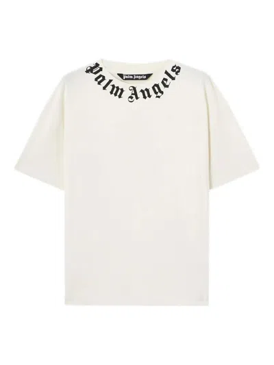 Palm Angels Black Neck Logo Regular Cotton T-shirt In White