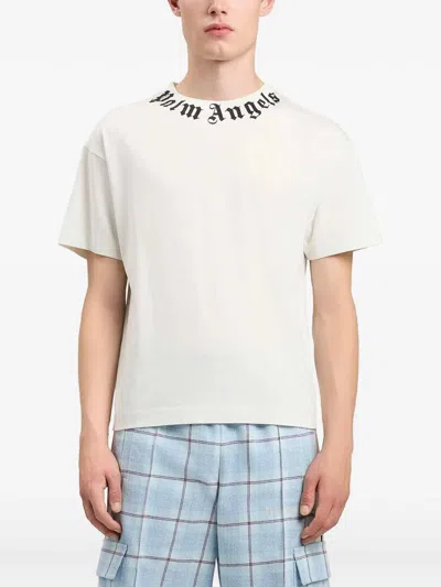 Palm Angels Black Neck Logo Regular Cotton T-shirt In White