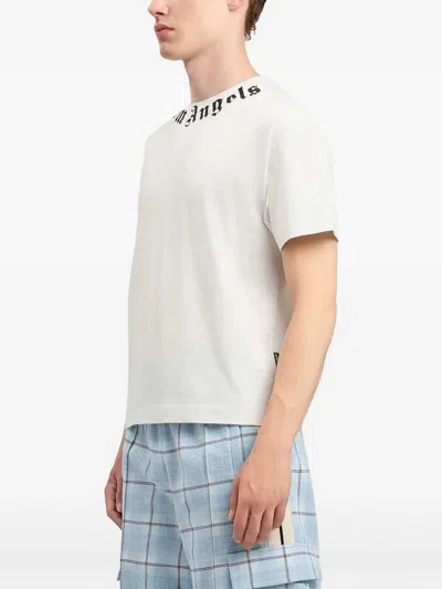 Palm Angels Black Neck Logo Regular Cotton T-shirt In White