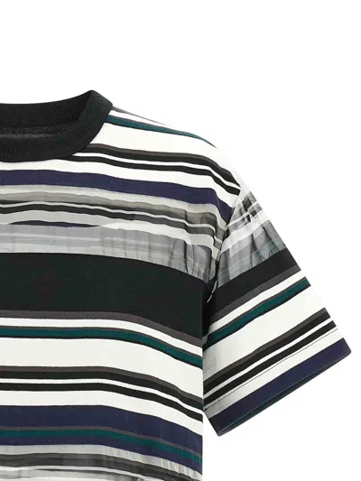 Sacai Striped Organza Insert Cotton T-shirt In Multi