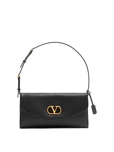Valentino Devain Leather Shoulder Bag With Metal Vlogo Signature In Black