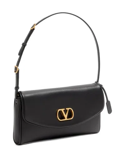 Valentino Devain Leather Shoulder Bag With Metal Vlogo Signature In Black