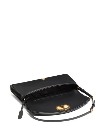 Valentino Devain Leather Shoulder Bag With Metal Vlogo Signature In Black