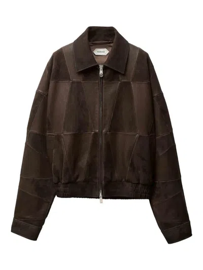 Versace Brown Blouson Leather Patchwork Cropped Jacket In Brown