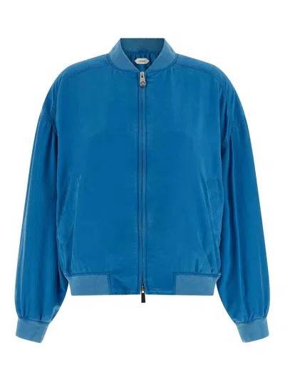 Versace Relaxed Fit Silk Jacket With Embroidered Logo And Zipper Closure In Blue