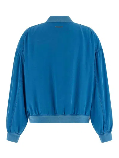 Versace Relaxed Fit Silk Jacket With Embroidered Logo And Zipper Closure In Blue