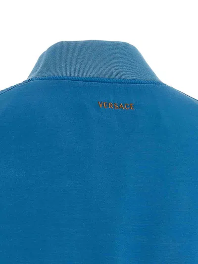 Versace Relaxed Fit Silk Jacket With Embroidered Logo And Zipper Closure In Blue