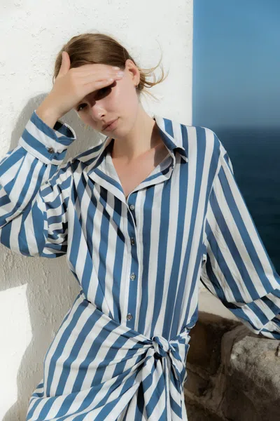 Anemos L.a. Button-down Wrap Mini Dress In Striped Stretch Twill In Blue