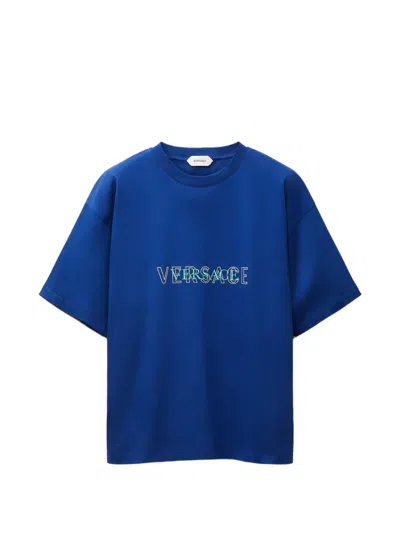 Versace Embroidered-logo Cotton-jersey Regular T-shirt In Blue
