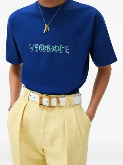Versace Embroidered-logo Cotton-jersey Regular T-shirt In Blue
